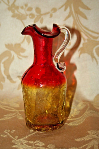 Antique Miniature 5" Tall Amberina Crackle Glass Pitcher w/ Wavy Lip & Handle