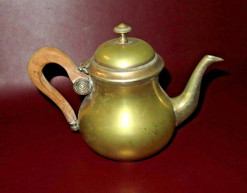 Antique Middle Eastern Style Heavy Solid Brass Flip-Lid Teapot w/ Wooden Handle