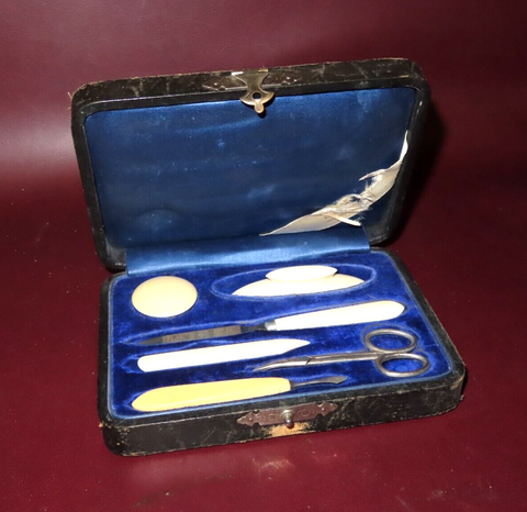Antique 6-pc White Bros Cutlery New Orleans Manicure Set in Blue Felt Lined Box
