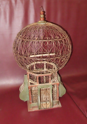 Antique Classic 34" Tall Lg Round Wire & Wooden Hanging Bird Cage w/ Swing Perch