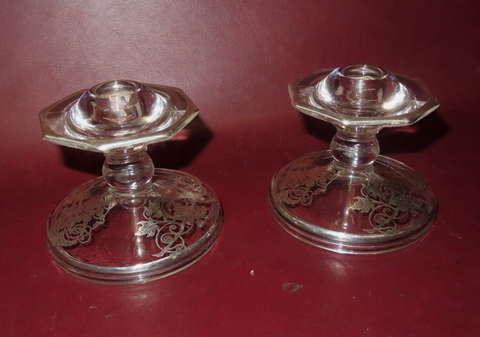 Antique Pair 3.5" Clear Glass Candlestick Holders w/ Leafy Silver Overlay Decor