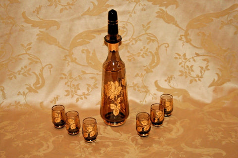 Vintage Tall & Slender Gilt Overlay Amber Glass Decanter w/ Stopper & 6 Liqueurs