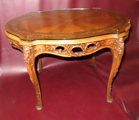 Antique Highly Carved French Marquetry Inlaid Wood Occasional Table w/ Glass Top