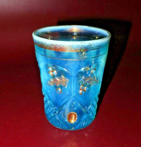 RARE Vintage 4" Translucent Blue Cut Glass & Gilt Christmas Holly Drinking Glass