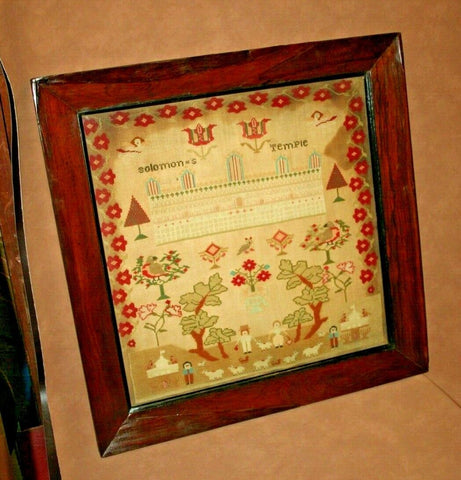 RARE Antique 1800s Large Wood Framed "Solomon's Temple" English Textile Sampler