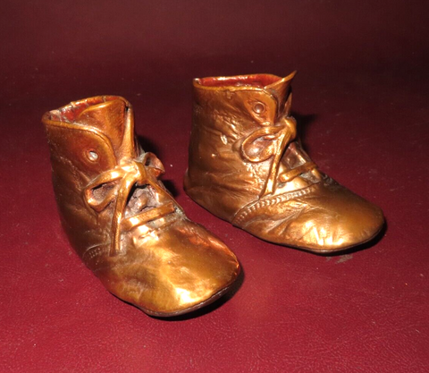 Antique Pair 4" Long Copper Coated Children's Baby Shoes - Marked 22/40