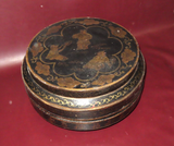Antique 16" Chinese Black Lacquered Round Wedding Box w/ Hand Painted Gilt Decor
