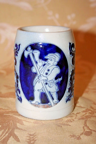 West German 4" Cobalt Blue Pottery Stein Mug - Horn Blower - Reinhold Merkelbach