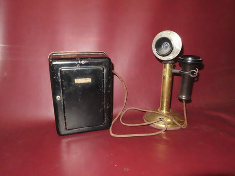 Antique Western Electric Brass Candlestick Telephone w/ Ringer Box - Patent 1904