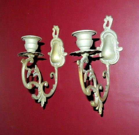Pair Ornate Antique European Style Pewter Wall Mount Single Candlestick Holders