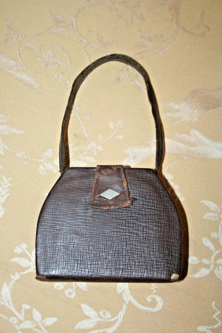 Antique Small Hard Sided 5" Long Brown Leather Handbag Purse w/ Strap