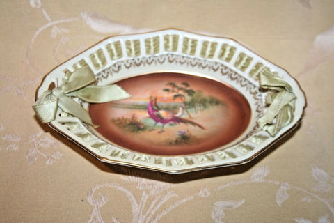 Antique Fine Bavarian 7" Porcelain Dish w/ Pierced Lip & Hand Painted Pheasants