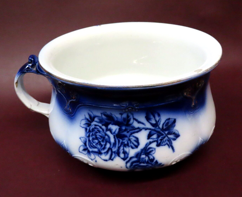 Antique English Style 9" Flow Blue Rose Decor Porcelain Chamber Pot w/ Handle