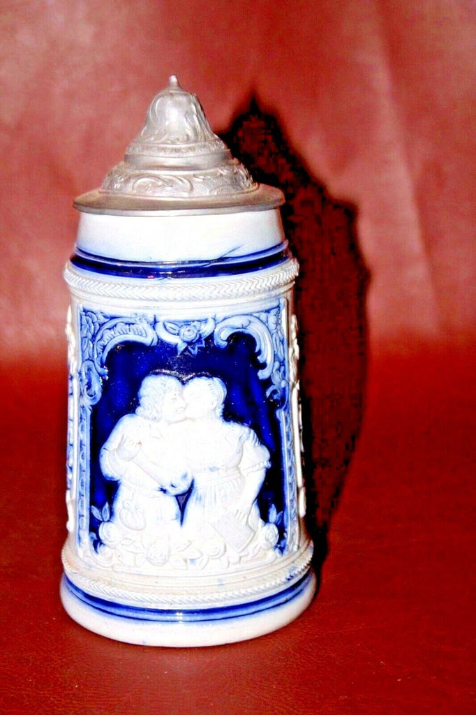 Antique 0.5L German Blue Pottery Stein - "Lieb was rar ist, Trink was klar ist."
