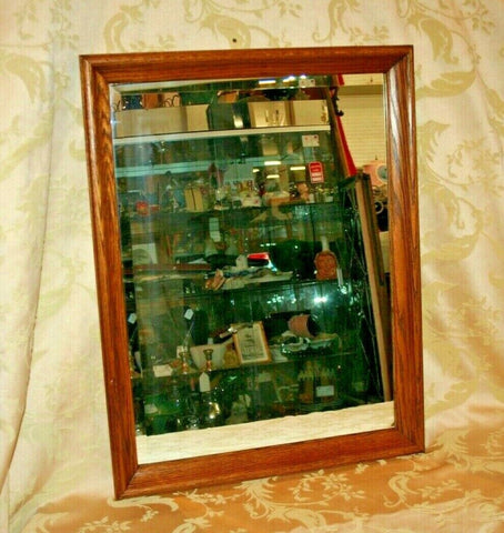 Vintage Style 27x21" Oak Framed Hanging Wall Mirror w/ Uneven Beveled Glass