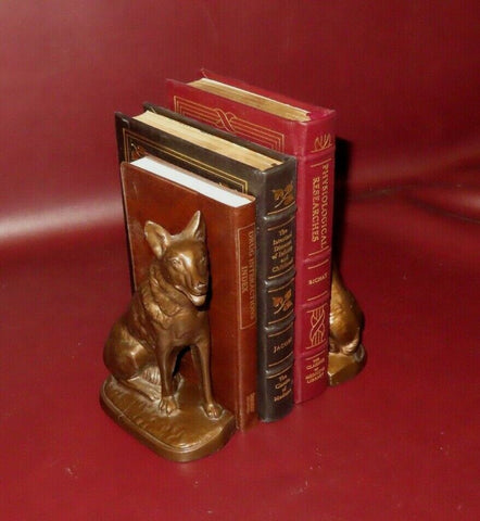 Antique Pair Nuart NYC 7" Tall Bronzed Spelter Shepherd Dog Bookends c. 1930