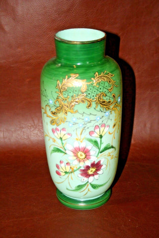 Very Nice Antique 9" Tall Bristol Hand Painted Floral Green Victorian Glass Vase