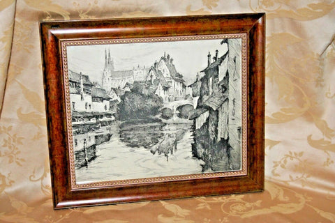 Antique Wood Framed Original Engraving of Canal & Cathedral Scene w/ Wheel Mark