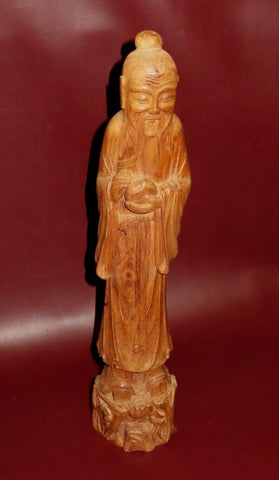 Antique Chinese Buddhist Style Tall Hand Carved Wood Figure Idol Old Man w/ Rock