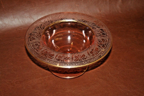 Antique Fancy Etched Pink Depression Glass 7x3.5" Gilt Lip Compote Stemmed Dish