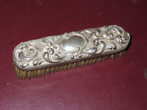 Antique 7.5" Long Ornate Silverplate Clothing Brush - Engraved May to Amos 1906