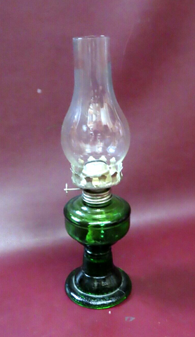 Antique Early 20th Century Small 12" Tall Green Glass Oil Lamp w/ Clear Chimney
