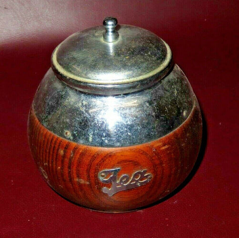 Antique English Oak & Nickel Plate 4" Round Tea Caddy Canister Jar c. 1920