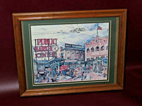 Vintage Style Seattle 15" Wood Framed Pike Place Market Street Scene Art Print