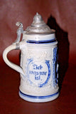 Antique 0.5L German Blue Pottery Stein - "Lieb was rar ist, Trink was klar ist."