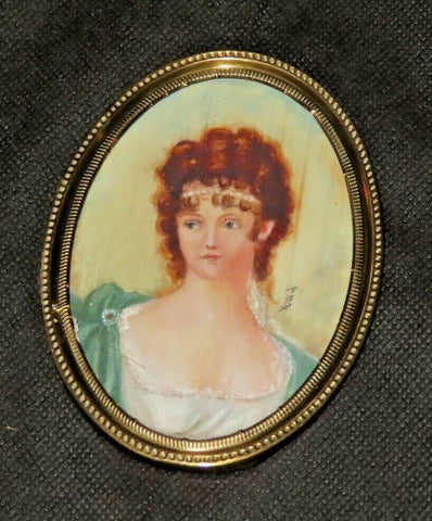 Antique Hand Painted Initialed Portrait of Woman in 5" Italian Style Oval Frame