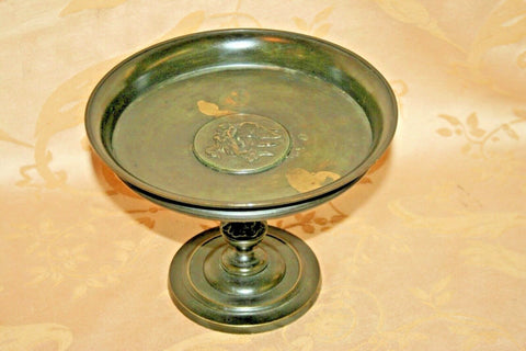 Antique Solid Bronze 8x6" Pedestal Compote Plate w/ Embossed Angel Center Image
