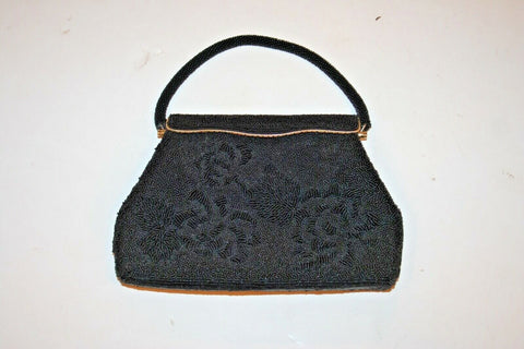 Fancy Vintage Type 9" Black Beaded Rose Pattern Purse w/ Handle & Brass Closure
