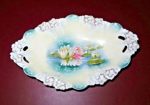 Antique Fine R.S. Prussia Porcelain Water Lily & Gilt 13" Long Oval Serving Bowl