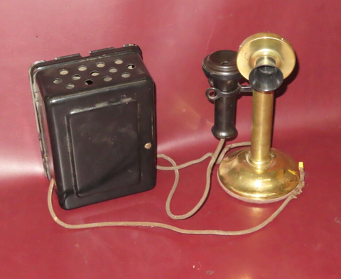 Antique Western Electric Brass Candlestick Telephone & Ringer Box - Pats 1904-15