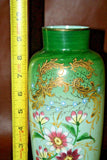 Very Nice Antique 9" Tall Bristol Hand Painted Floral Green Victorian Glass Vase