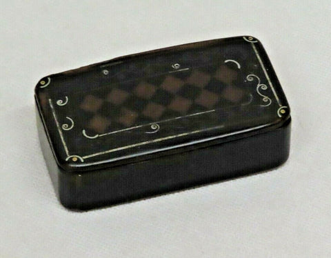 Antique 3.5" Flip-Lid Black Lacquered Wooden Snuff Box w/ Checkerboard Decor