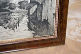 Antique Wood Framed Original Engraving of Canal & Cathedral Scene w/ Wheel Mark