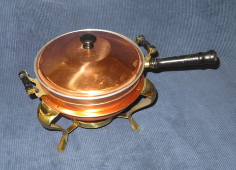Antique Round 15.5" Copper Double Handled Chafing Warming Dish w/ Burner & Stand
