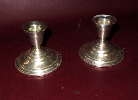 Antique Pair 3.5" Short Weighted Sterling Silver Candlestick Holders - No. 80