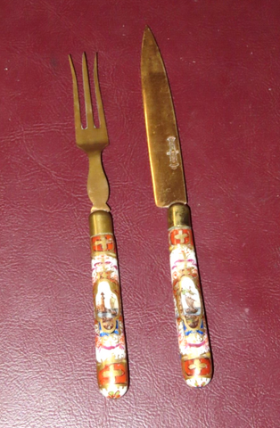 Antique Stahl Bronce German Knife & Fork Set w/ Hand Painted Porcelain Handles