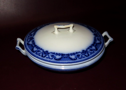 Antique Harrington WH Grindley Co English Flow Blue Porcelain Lidded Tureen Dish