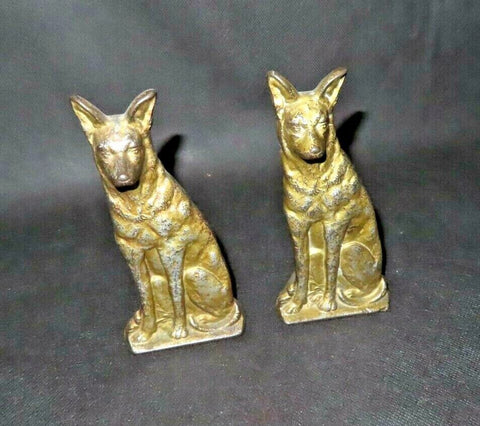 Antique Pair 6.5" Tall Cast Iron Coyote Dog Bookends w/ Antique Gilt Finish