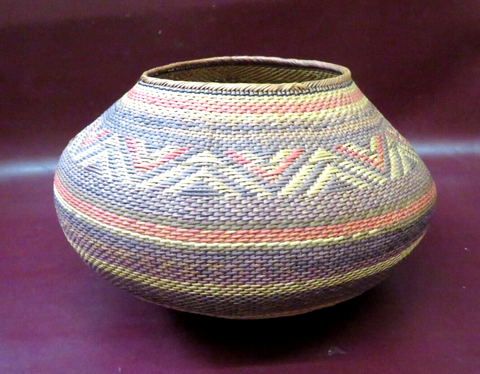 Vintage 12" African Botswana Style Hand Woven Round Multi Colored Basket