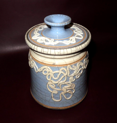 Vintage 7" Tall Blue & White Turned & Glazed Crackle Pottery Lidded Cookie Jar