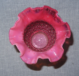Vintage Fenton Style Round Cranberry & White Hobnail Art Glass Vase w/ Wavy Lip