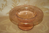 Antique Fancy Etched Pink Depression Glass 7x3.5" Gilt Lip Compote Stemmed Dish