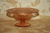 Antique Fancy Etched Pink Depression Glass 7x3.5" Gilt Lip Compote Stemmed Dish