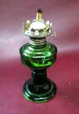 Antique Early 20th Century Small 12" Tall Green Glass Oil Lamp w/ Clear Chimney