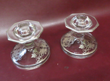 Antique Pair 3.5" Clear Glass Candlestick Holders w/ Leafy Silver Overlay Decor