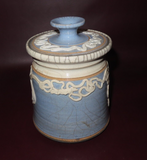 Vintage 7" Tall Blue & White Turned & Glazed Crackle Pottery Lidded Cookie Jar